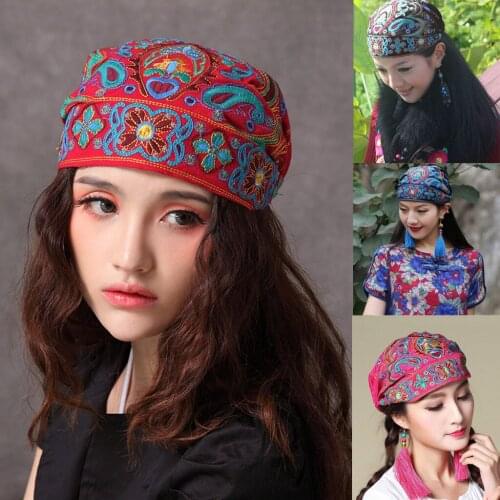 2020 Fashion Women Ethnic Vintage Embroidery Hat Flowers Bandanas Mexican Style colorful Cotton Cap minority lady Hat