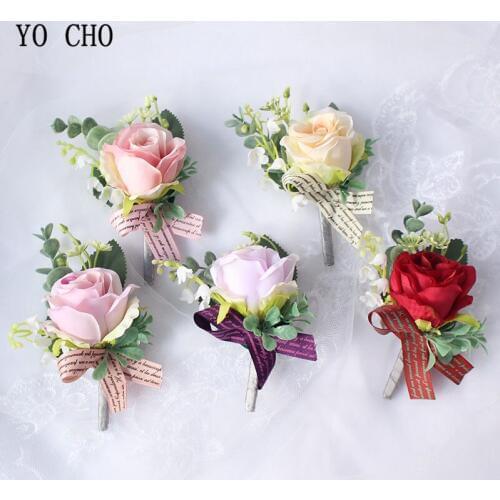 YO CHO Wedding Decor Eucalyptus Leaf Brooch and Wrist Flowers Set Roses Alphabet Ribbon Groom Boutonnieres Brides Wrist Corsages