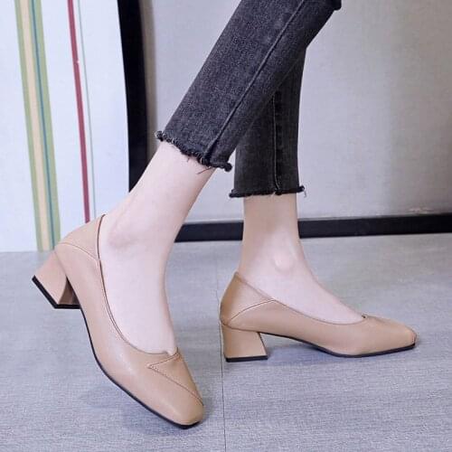 Fashion New Leather Womens High Heels Sexy Round Toe Pumps Womens Shoes Comfortable Square Heel High Heels Womens Shoes