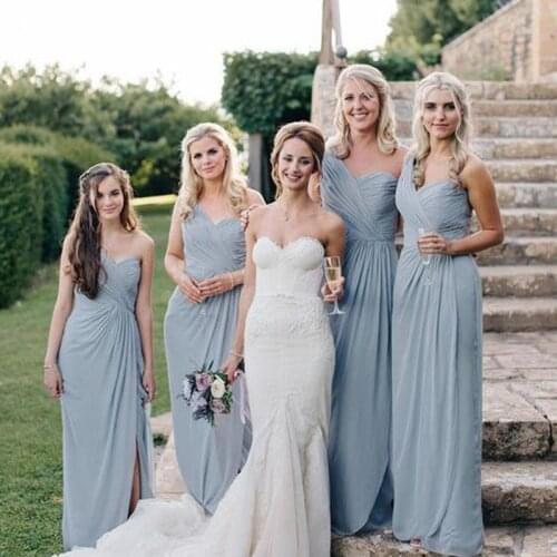 Gorgeous Simple Cheap Sweetheart One Shoulder High Slit Long Dusty Blue Wedding Guest Dress Bridesmaid Dress