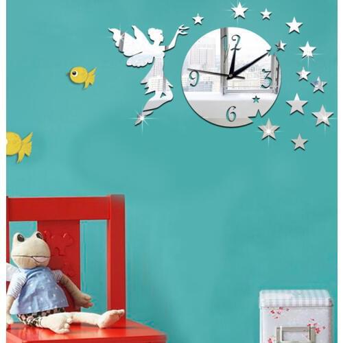 New fairy angle and stars mirror wall clock sticker, home wall mirror sticker decoration , 3D acrylic wall mirror sticker