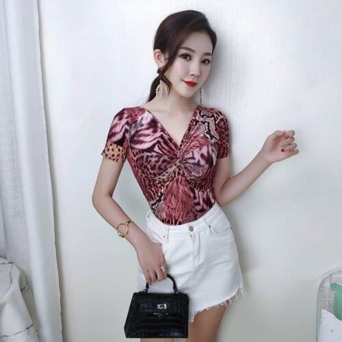 Woman Print T Shirt 2019 Spring Summer Woman Short Sleeve Cross Deep V-neck Slim Fit T Shirt Dance Shirt Casual Club Woman Tops