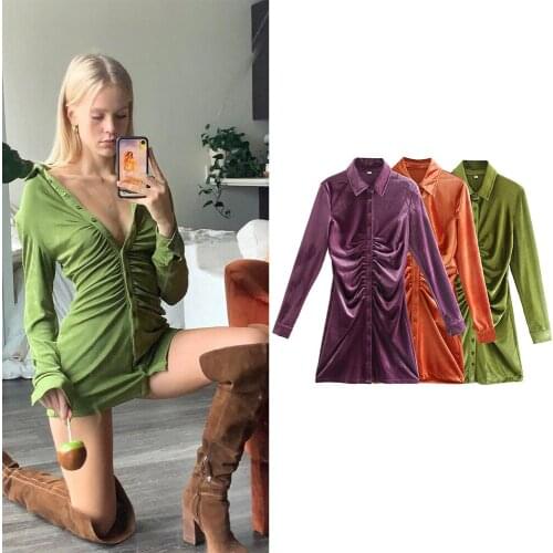 Women Sexy Party Dress Za Fashion 2021 Velvet Sheath Vintage Mini Dress Long Sleeve Button V Neck Shirt Dress Chic Mujer Vestido