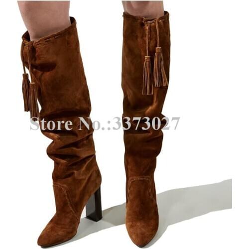 Brown Suede Chunky Heel Women Long Boots Fashion Tassel Lace-up Knee High Boots Lady Sexy Black Large Size Casual Boots Dropship