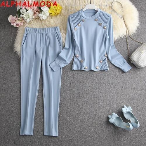 ALPHALMODA 2021 Spring New Button Details Slim Fit Ladies Fashion Tracksuit Long Sleeved Solid Color Quality Clothes Trouser Set