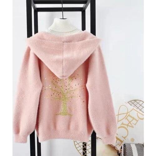 Women New 2020 Autumn Winter Mink Fur Sweater Coat New Female Loose Casual Imitation Mink Cashmere Hooded Knit Cardigan A175