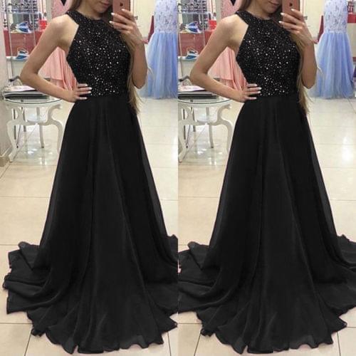 Women Lady Lace Long Formal Wedding Ball Gown Party Halter Sequin Maxi Dress