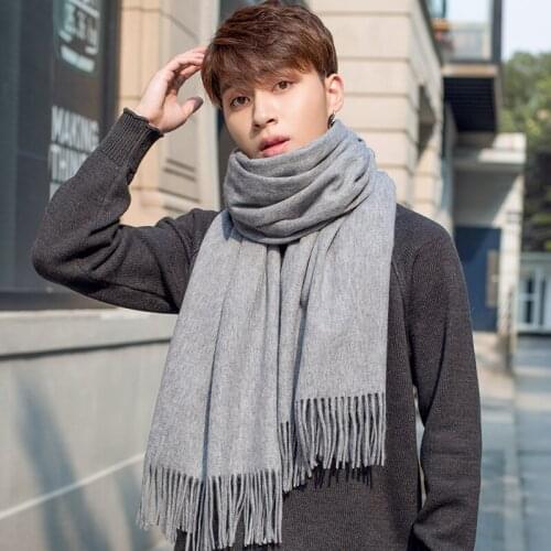 Winter 100% Lamb Wool Scarf Men Neck Warmer Thicken Gray Pashmina Wraps Foulard for Mans Cashmere Echarpe Pure Wool Scarves