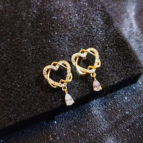 Golden earrings, niche design, exquisite silver inlay, drop-shaped love, personality, luxury, zircon ladies jewelry