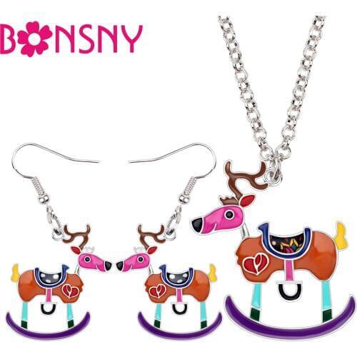 Bonsny Statement Enamel Alloy Christmas Deer Reindeer Jewelry Sets Earrings Drop Necklace Pendant Hot Year Gifts For Women Girls