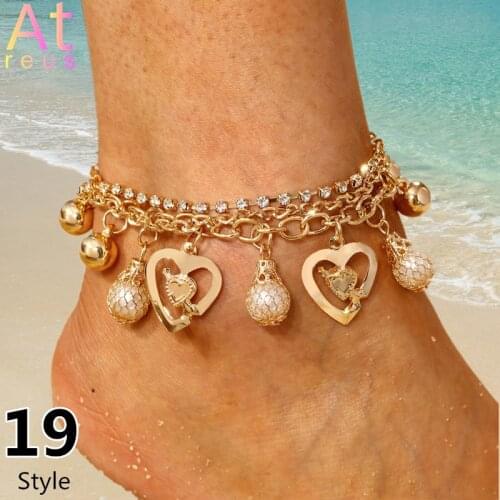 Crystal Chain Gold Plated Heart Arrow Anklet For Women Beach Jewelry Multilayer Simulated Pearl Metal Bead Charm Ankle Bracelet