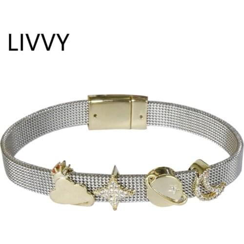 LIVVY Silver Color Heart Shape Bracelet For Woman Stars Moon Elegant Fashion Temperament Simple Jewelry Party Accessories