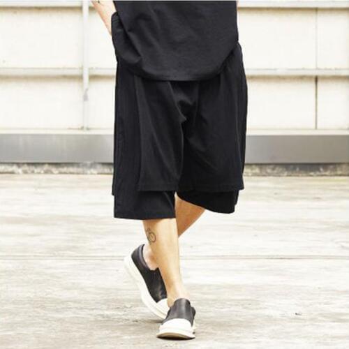 Men Streetwear Hip Hop Punk Gothic Loose Casual Cotton Linen Pants Male Double-layer Splice Kimono Pant Summer Skirt Trousers
