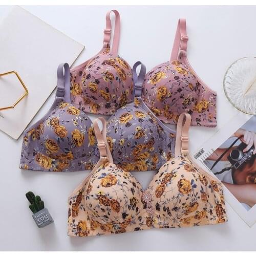 Rose Print Plus-size Thin Underwire Comfortable Back Bra, Side Nipple Gathering Anti-sagging
