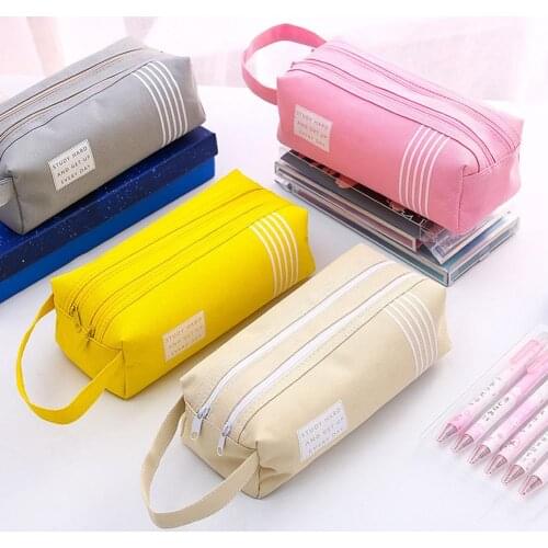 Candy Color Large Capacity Pencil Cases Bags Double Zipper Korea Fabric Pen Box Pouch Case School Office-Stationary Supplies