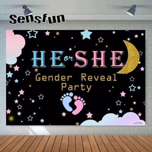 Sensfun Gender Reveal Party Backdrop Black Gold Glitter Moon Stars Footprint He Or She Boy Or Girl Photography Background Custom