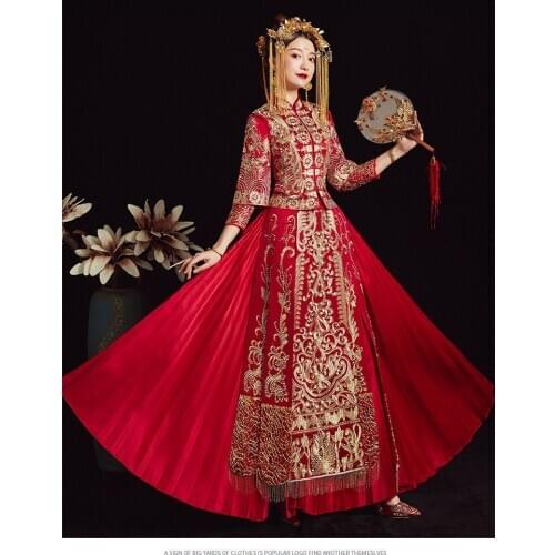 Oriental Vintage Wedding Clothing Embroidery Long Cheongsam Dress Refined Banquet Stylish Elegant Bride китайская одежда