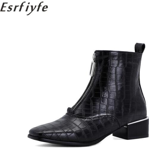 ESRFIYFE 2020 New Fashion Women Shoes Autumn Woman Front Zipper Open Botas Ankle Boots Winter Thick Heels Leather Party Booties