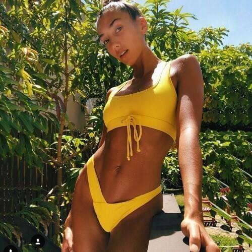 Scoop High Cut Bikini Sexy Bandage Trikini Push Up Swimsuit 2019 Solid Micro Bikinis Bathing Swim Suit For Women Thong Swimwear