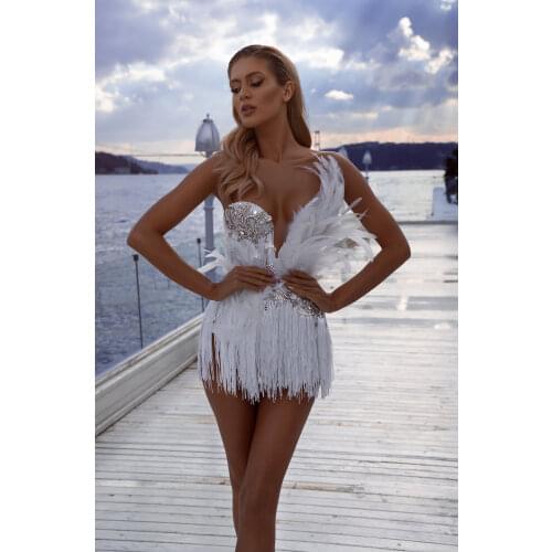 White Feather 2021 Tassel Cocktail Dresses Beading Crystal Short Formal Prom Gowns Party Homecoming Dress