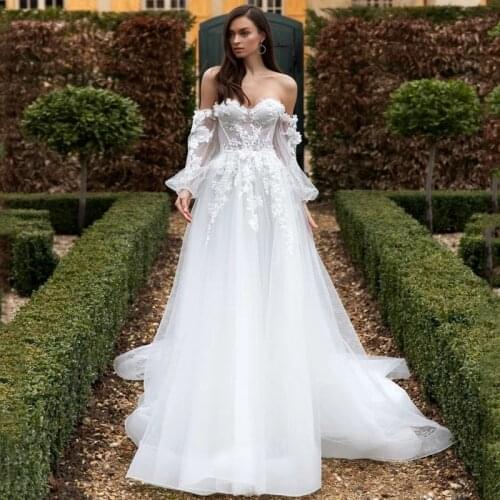 Sweetheart Wedding Dresses 2021 With Detachable Sleeve A-Line Princess Tulle Bridal Gown Appliques 3D Flowers Long Sweep Train