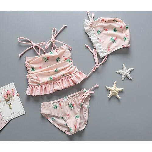 Girl Cute Print Bikini Set With Cap New Girls Two-piece Swim Bathing Suit For Teenager Kids Beach Swimwear Flamingos Swimsuit