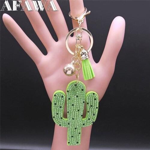 Fashion Stainless Steel Summer Cactus Keyring for Women/Men Green Gold Color Tassel Key Chains Jewelry llaveros pareja KXS01