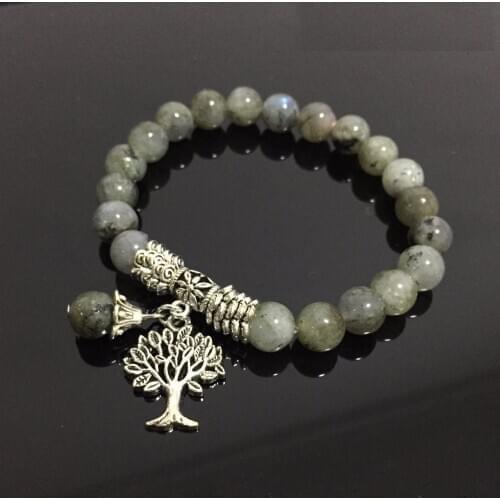Natural Labradorite Stone Bracelets Bangles Mala Beads Real Stone Tree Charm Reiki Healing Meditation Energy Bracelets Women Men