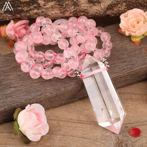 Natural Clear White Quartz Double Point Pendant Smooth Pink Roses Quartz Round Beads Knotted Necklace Handmade Jewelry Dropship
