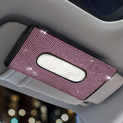Bling Bling Diamond Car Tissue Box Visor Tissue Holder Hanging Leather Crystals Paper Towel Cover Case for Women Car Accessories
