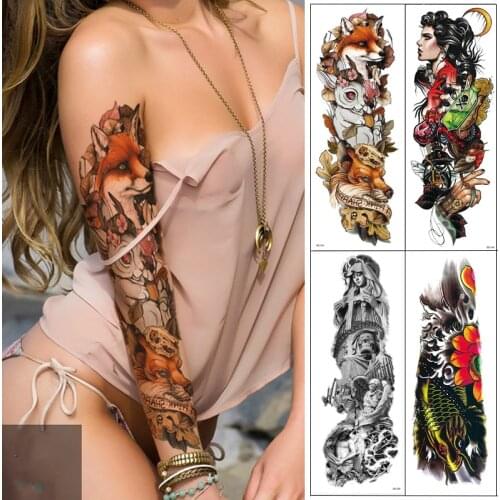 4 Piece Temporary Tattoo Sticker Black Totem Fox Rabbit Full Flower Tattoo with Arm Body Art Big Large Fake Tattoo Sticker
