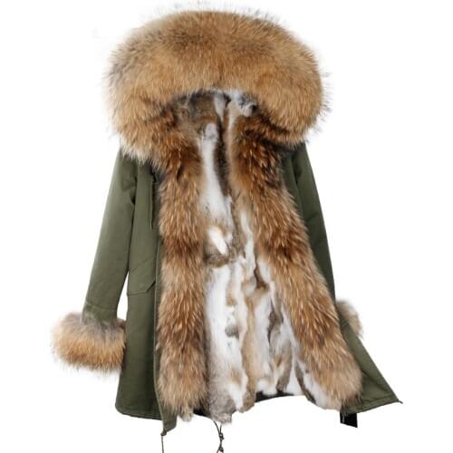 2019 new leather grass coat female fashion warm rabbit fur super large raccoon fur collar long paragraph Parker jacket female