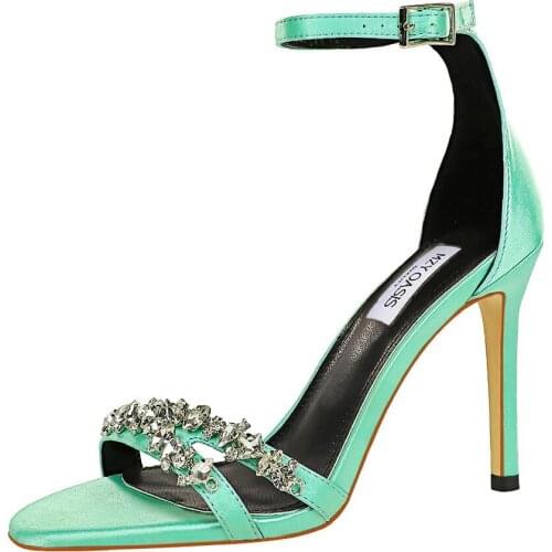 2021 Women 9cm High Heels Crystal Sandals Wedding Bridal Stiletto Heels Sandles Glitter Prom Elegant Stripper Satin Strap Shoes