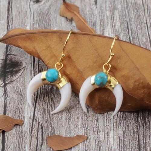 BOROSA Shell Horn Gold Plated & Round Natural Turquoises Dangle Earrings Howlites Natural Shell Women Earrings Dropship