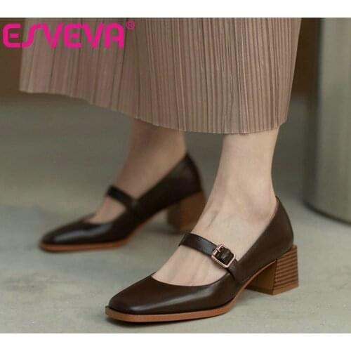 ESVEVA 2021 Ankle Strap All Match Square Heels Summer Genuine Leather Women Pumps Retro Square Toe Basic Women Shoes Size 34-40