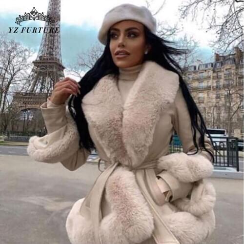 Women Winter Sheepskin Coat Fox Fur Collar Leather Belt Jacket Fashionable Whole Skin Ladies Elegant Short Outerwear FC-404