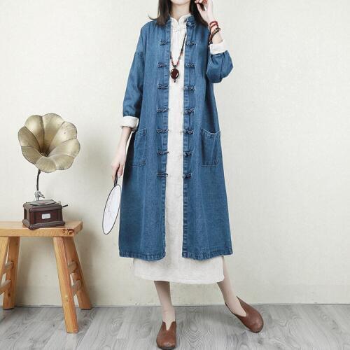 Vintage Jurken Retro Denim Trench Long Coat Women Autumn Mandarin Collar Outerwear Casual Loose Cardigan Plus Size Clothes f1103