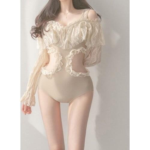 Womens Swimsuit White Lace Bikini Dress Plus Size Swimwear Sunscreen Long Sleeve Student One-Piece Swimsuit Beach Woman Clothes