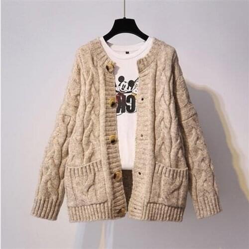 2021 autumn new Korean version of loose pocket twist striped top knitted sweater long-sleeved round neck cardigan women winter