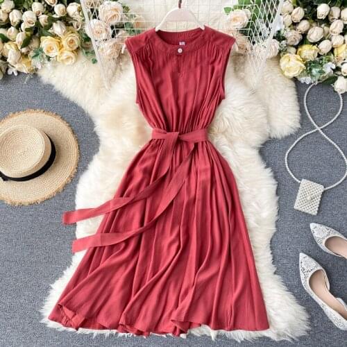 Women 2020 New Summer Hollow-out Round Neck Sleeveless Vest Dress Lady Fashion Solid Color Elegant Vestidos N311