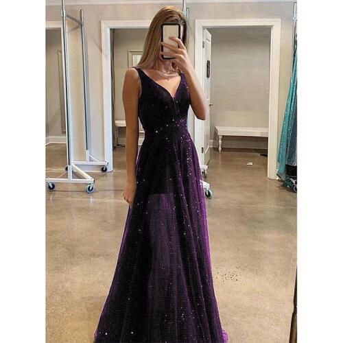 Women sexy glitter sequin maxi dress deep v neck sleeveless fit and flare dinner dresses for women Purple green party frocks