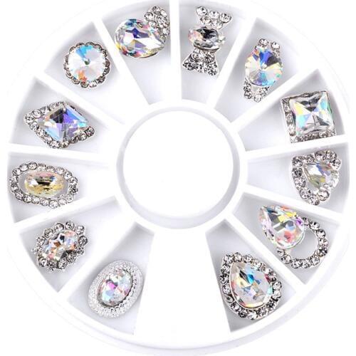 12 shapes 3D White AB Arc Bottom Big Acrylic Diamond Alloy Nail Studs DIY Manicure Tips Nail Art Decorations wheel