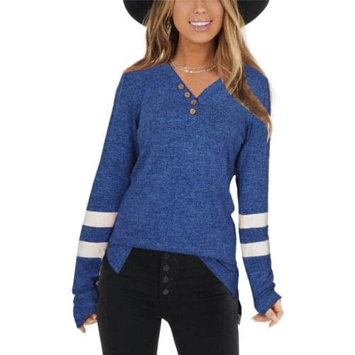 2021 Summer Altumn Womens Long Sleeve V Button Neck Slim Fit Long Style Cansual T shirt Contrast Stripe Sleeve