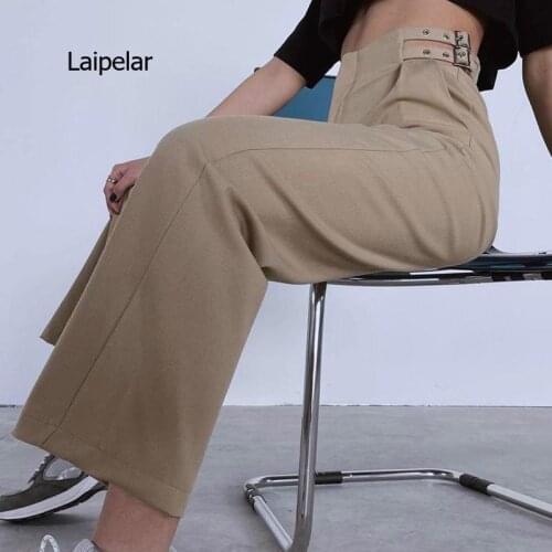2021 Womens Straight Solid Color Waist Hollow Out Decoration Casual Wide Leg High Waist Pants