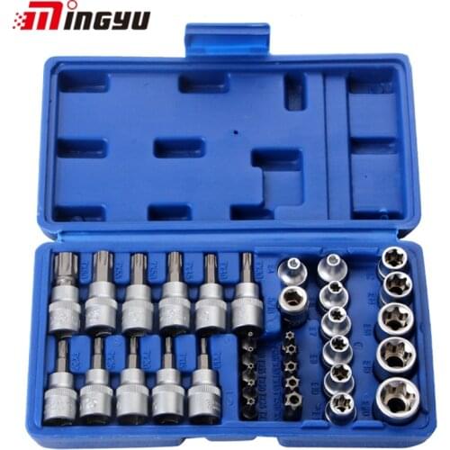 34pcs E T Type Socket Set 3/8 inch Drive Male Femal Torx Socket E4-E20 Wrench Head T10-T60 Screwdriver Bit Hand Tool Set