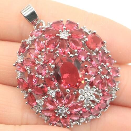 46x35mm Elegant Created Flowers Shape Pink Raspberry Rhodolite Garnet CZ Womans Jewelry Making Silver Pendant