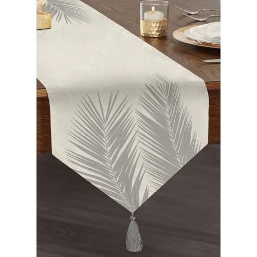 White Ground Gray Palm Leaves Custom Design Tassels Chenille Triangle Runner Wedding Christmas Decoration Tablecloth Luxury