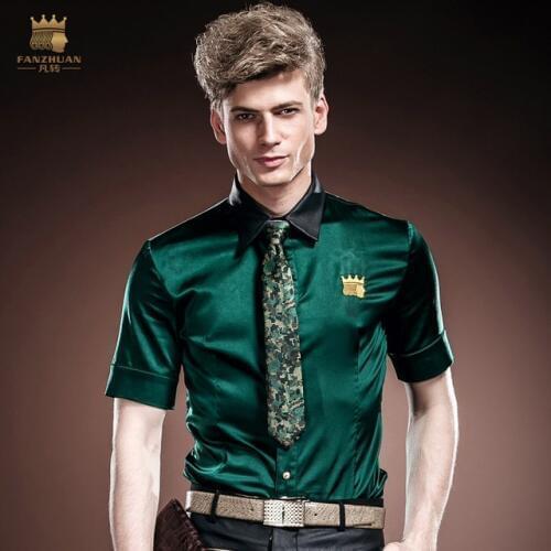 Free Shipping Fanzhuan New male fashion Mens Palace Mens 2018 man Silk High Quality Summer short Sleeved Embroidery Shirt 14315