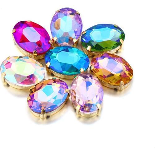 5 Sizes Shining AB Series Oval Glass Crystal Strass High Quality Rhinestones With Golden Flatback Claws Sew On Clothing Crafts