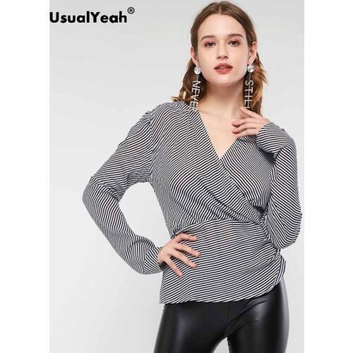 UsualYeah Women Frilled V-Neck Striped Blouse Ladies Irregular Shirts Long Sleeve Button Tops Work Wear Blusas Femininas M L XL